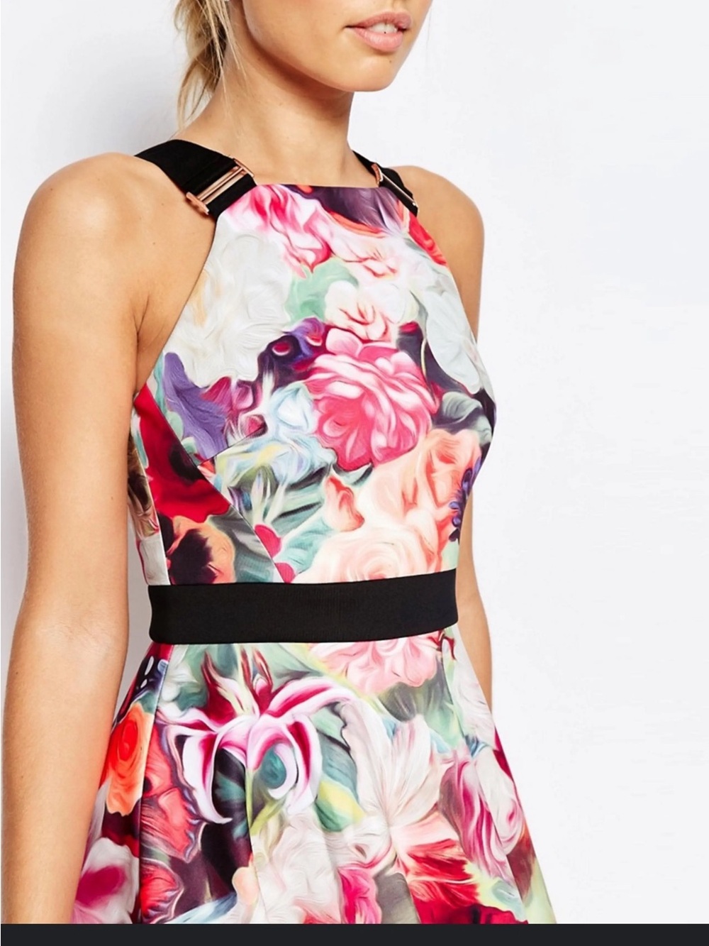 Ted Baker One-Shoulder Floral Fit & Flare Dress in Multicolor with Black Accents